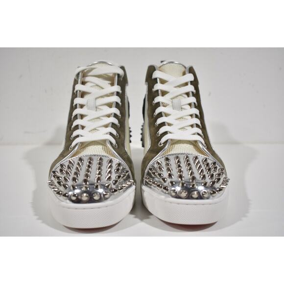 Christian Louboutin Mens Lou Spikes 2 Flat White Green High Top Sneaker 48 15 - Picture 5 of 12